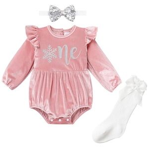 NWT IMEKIS 1st Birthday Girl Winter Onederland Pink Velvet Romper Set 12-18M